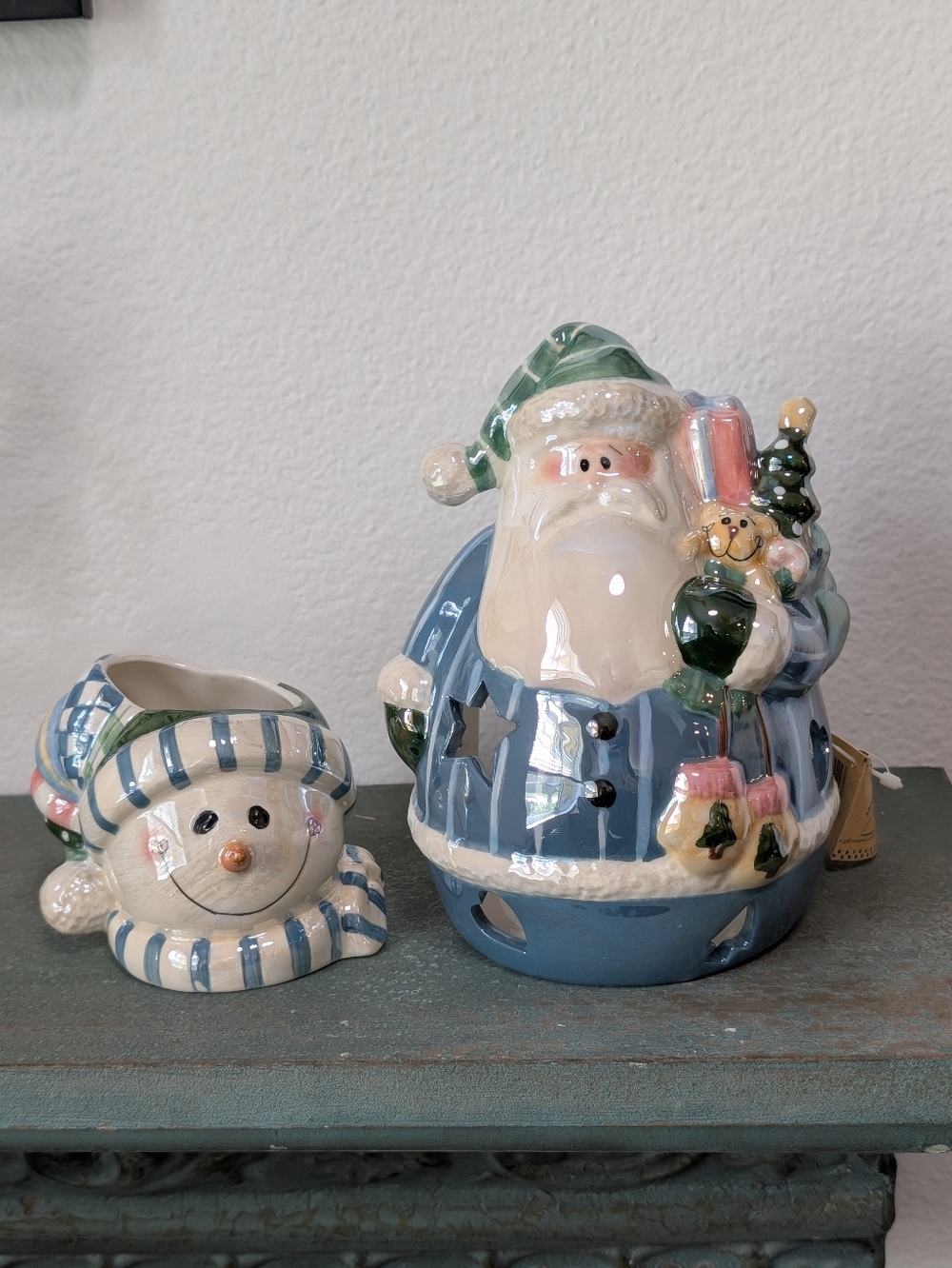 Crazy Mountain Ceramic Pastel Santa Candle Holder & Snowman Candle Christmas